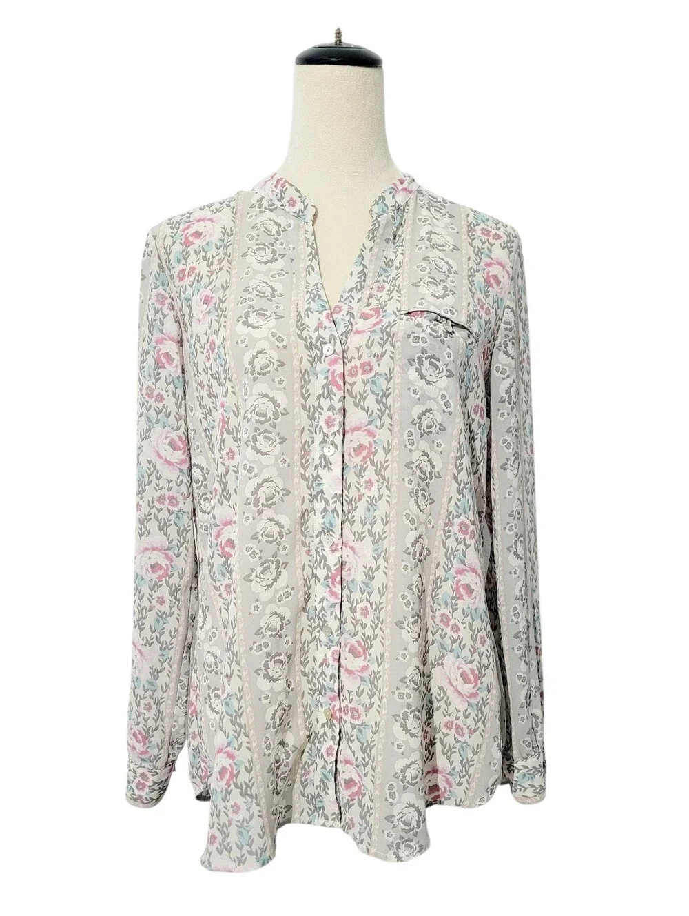 Kut from the Kloth Floral Stripe Blouse in Ivory, Pink, Gray